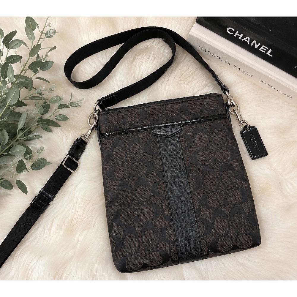 Coach Signature File Bag Crossbody Dark Brown Black Jacquard Canvas Leather Trim